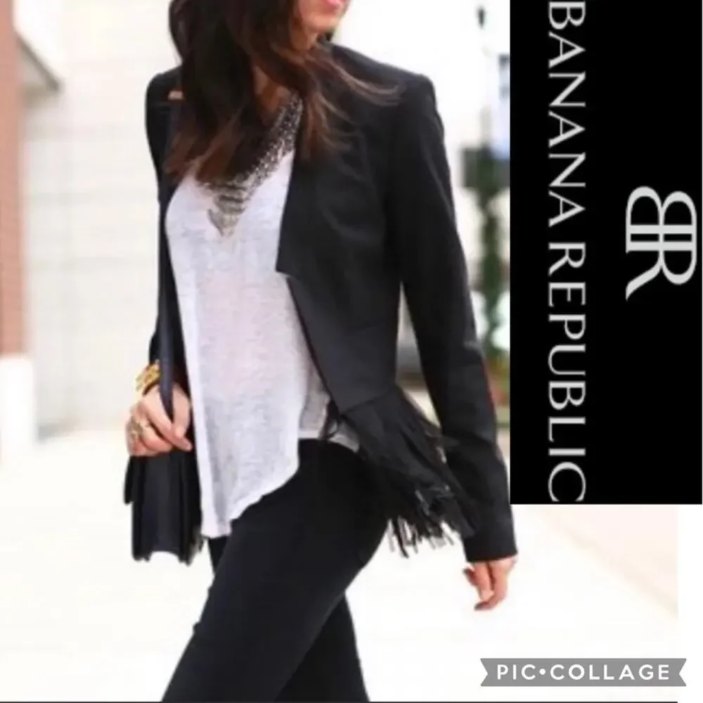 Banana Republic Chic Fringed Hem open front black blazer size 4